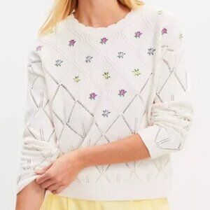 LOFT Floral Embroidered Pointelle Knit Sweater XL Cottagecore Grandmacore
